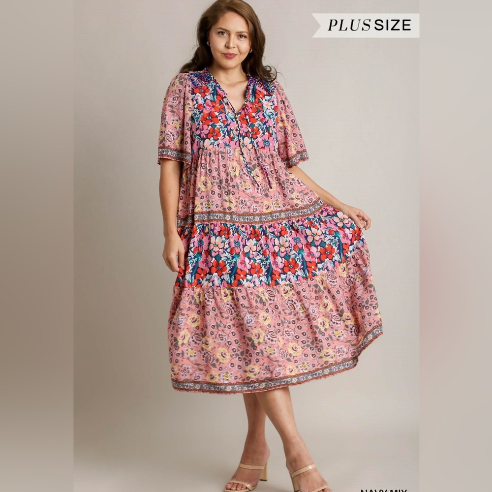 NWT Umgee Boutique Boho Berry Pink Hippy Floral Print Dress Plus XL-2X - Picture 5 of 9